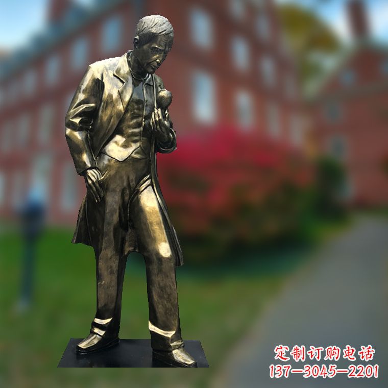 长沙爱迪生与灯泡-玻璃钢仿铜校园名人全身雕塑