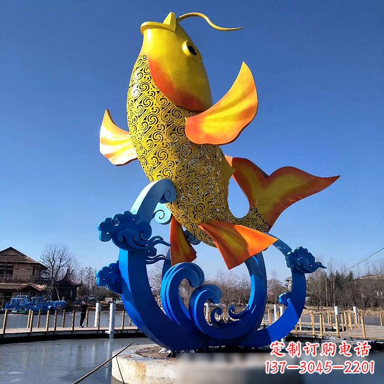 长沙彩绘不锈钢鱼跃雕塑-大型水景喷泉动物雕塑