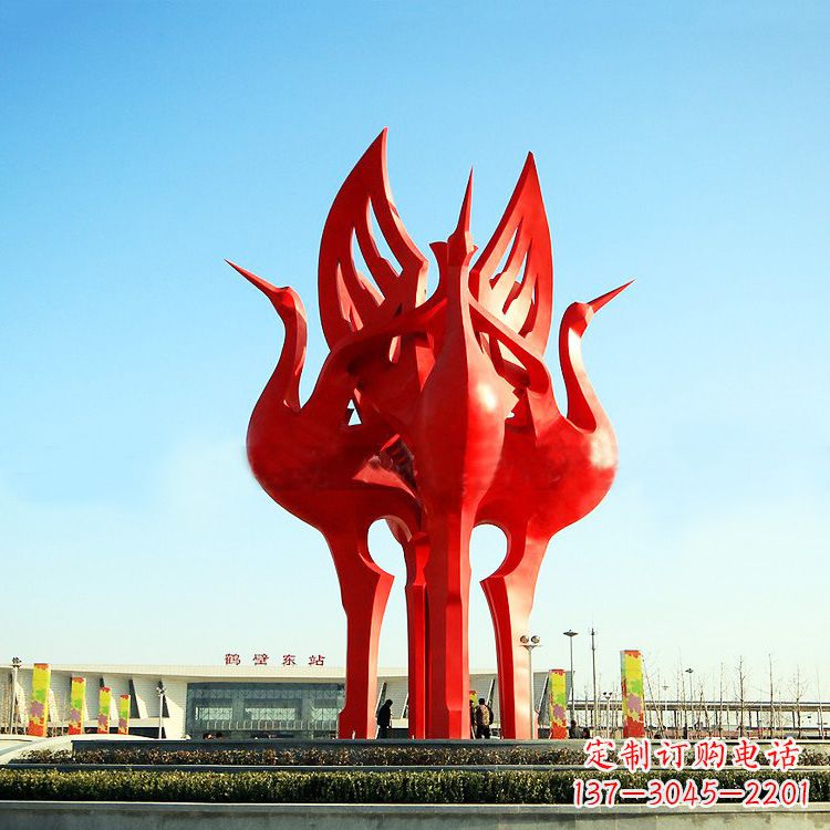 长沙城市广场4只展翅欲飞的不锈钢仙鹤动物景观雕塑
