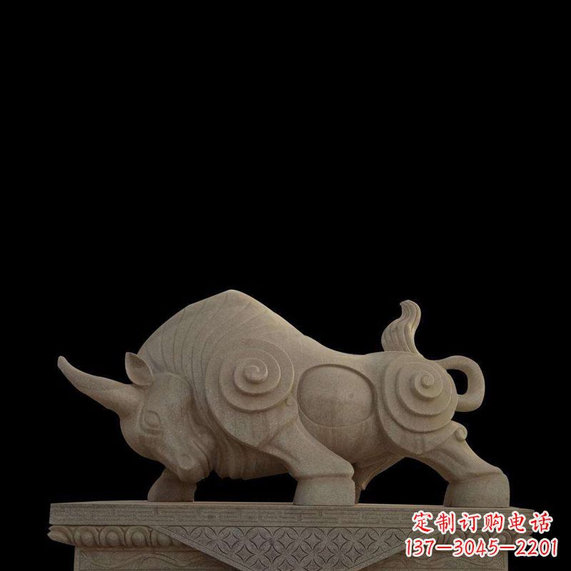 长沙抽象牛砂岩雕塑-生肖动物石雕摆件