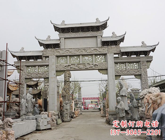 长沙村庄大理石三门牌坊石雕 (3)