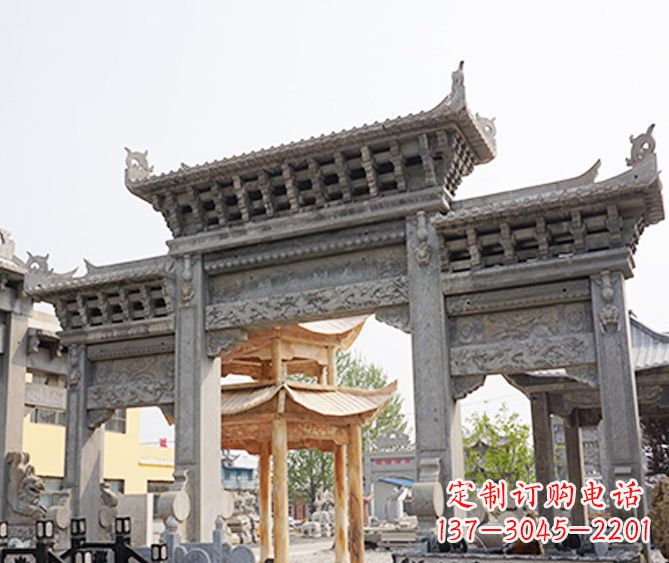 长沙村庄大理石三门牌坊石雕