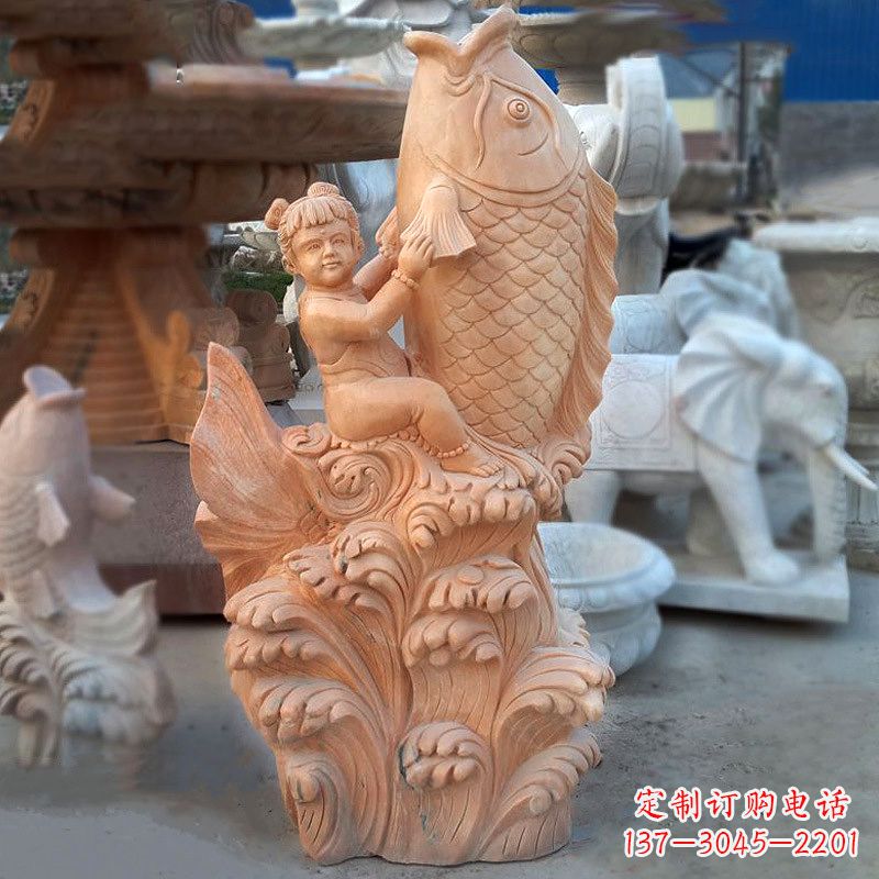 长沙大型喷水鲤鱼雕塑-晚霞红石喷泉