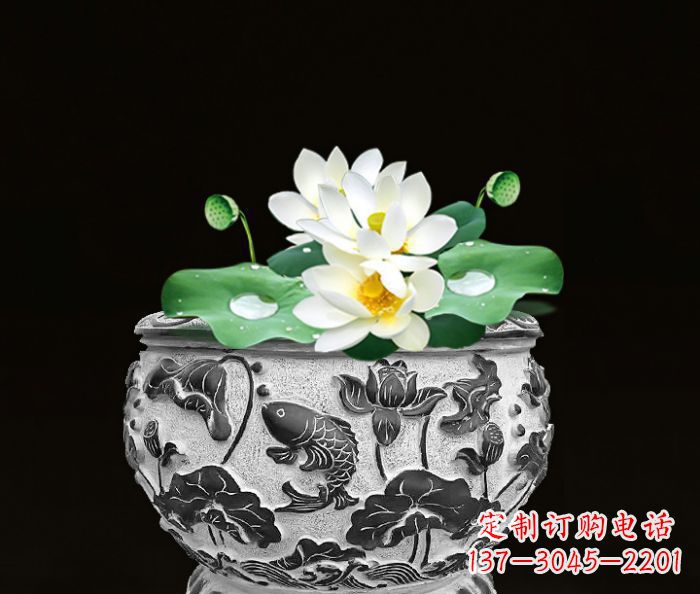 长沙仿古荷花鲤鱼浮雕石水缸 (2)