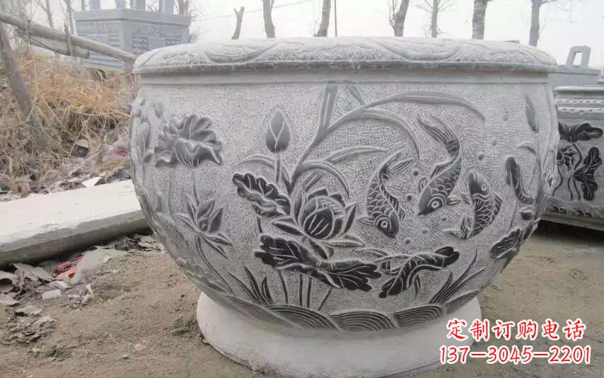 长沙仿古荷花鲤鱼石浮雕水缸