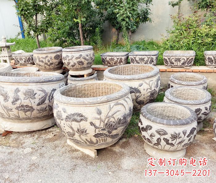 长沙仿古荷花鲤鱼石浮雕水缸 (2)