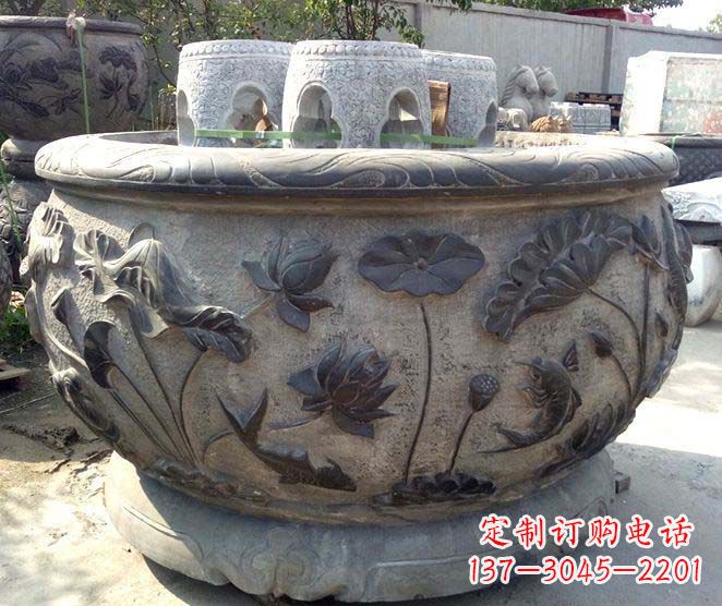 长沙仿古荷花鲤鱼浮雕石水缸