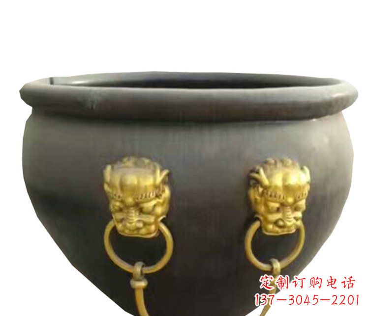 长沙仿古鎏金狮子头水缸铜雕塑