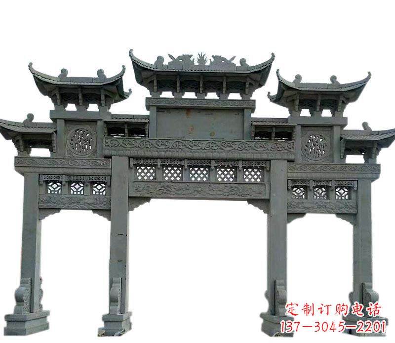长沙仿古三门大理石牌坊石雕