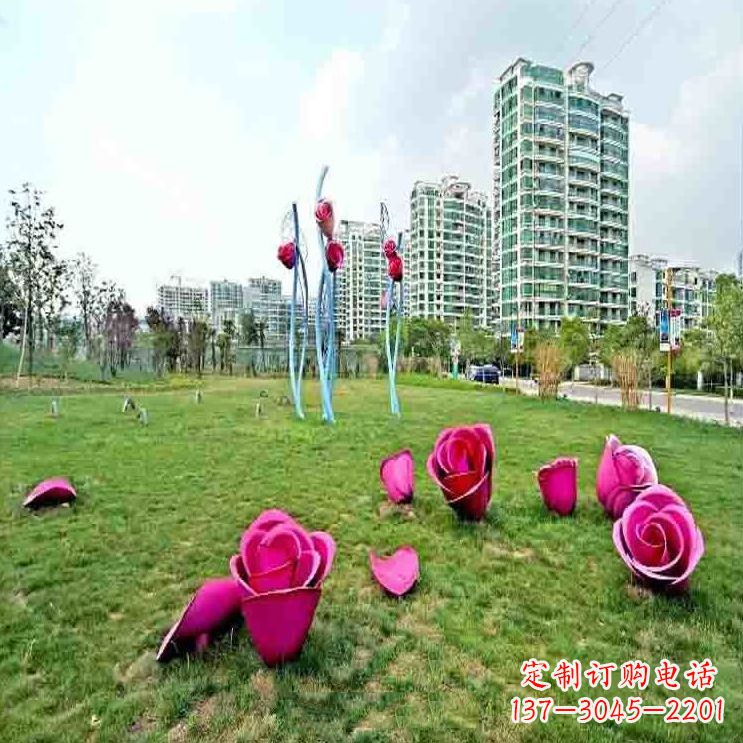 长沙公园草坪不锈钢玫瑰装饰花朵雕塑