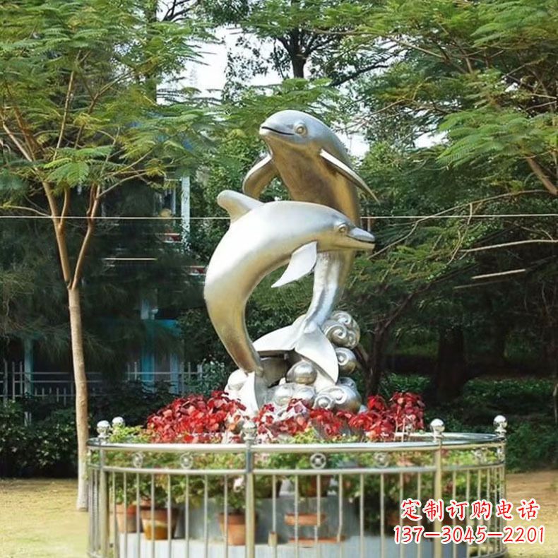 长沙公园动物海豚不锈钢景观雕塑