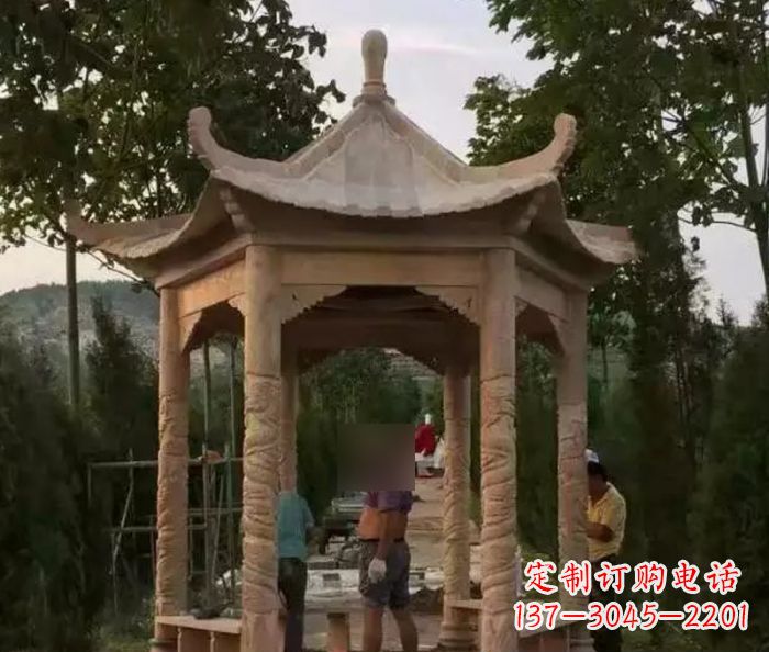 长沙公园晚霞红六角石雕凉亭 (9)