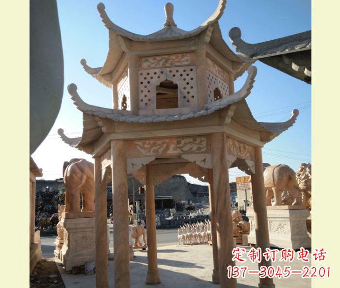 长沙公园晚霞红六角双层中式石雕凉亭