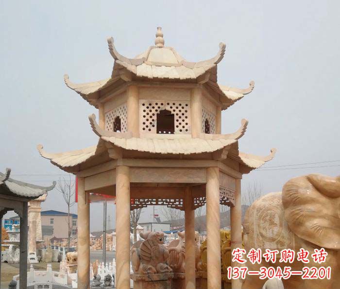 长沙公园晚霞红双层六角石雕凉亭 (2)