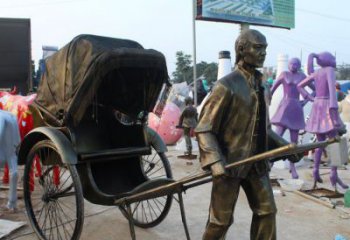 长沙公园拉着黄包车的人物小品铜雕