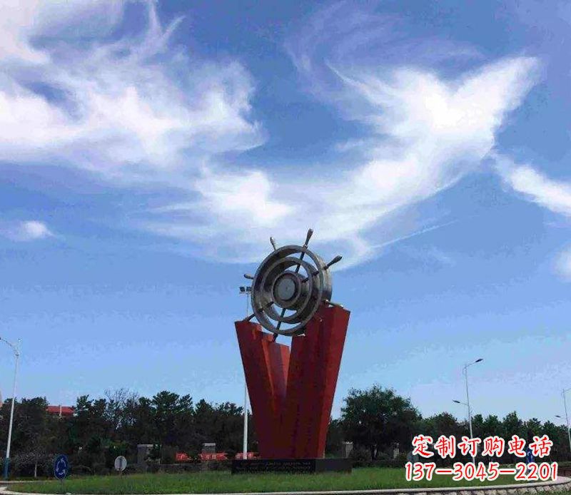 长沙海上风情，精致大气的不锈钢船舵雕塑