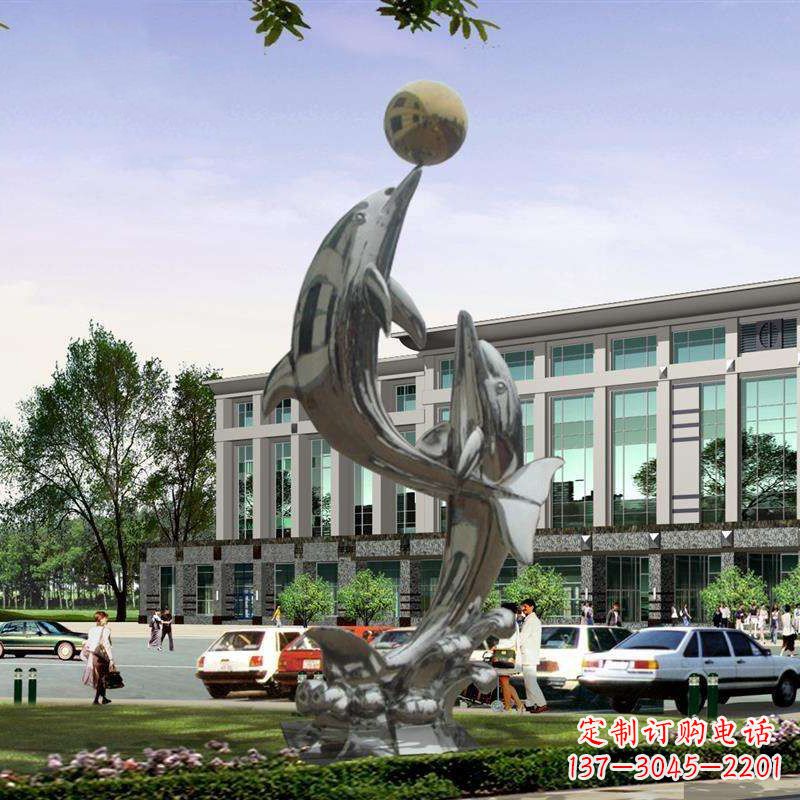 长沙不锈钢海豚戏球雕塑，营造清新海岸风情