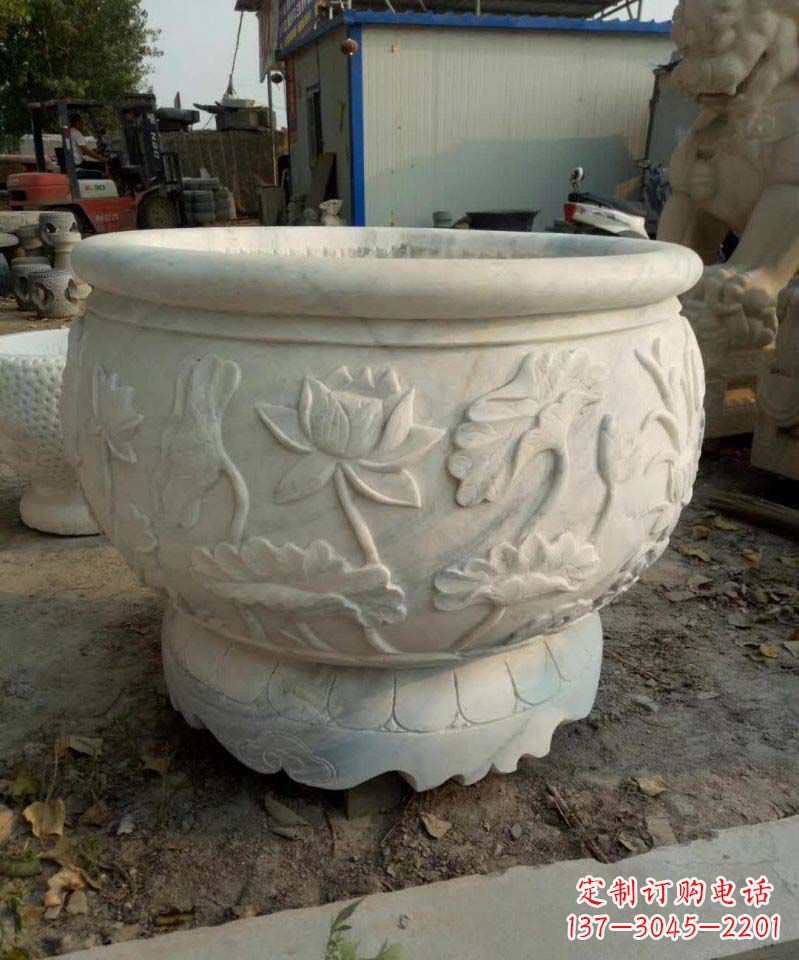 长沙汉白玉荷花石浮雕水缸