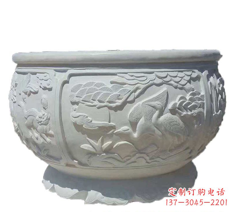 长沙汉白玉松鹤延年浮雕水缸，带给您无尽的岁月美景