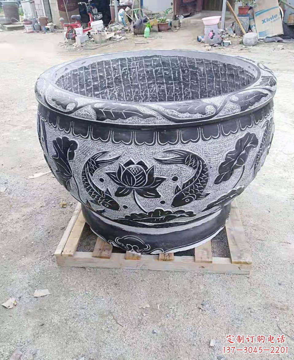 长沙荷花鲤鱼浮雕石头水缸鱼缸