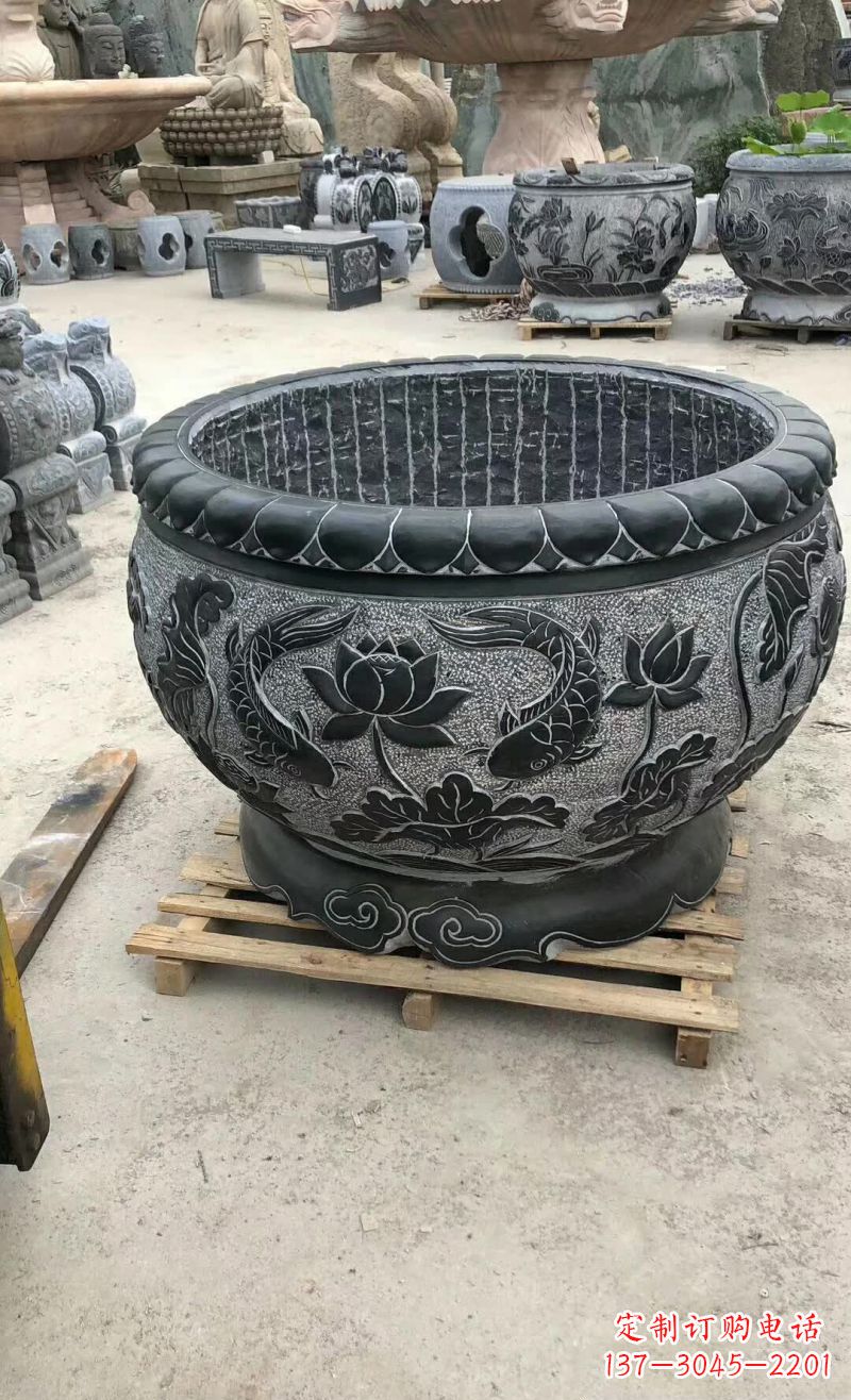 长沙荷花鲤鱼石浮雕水缸
