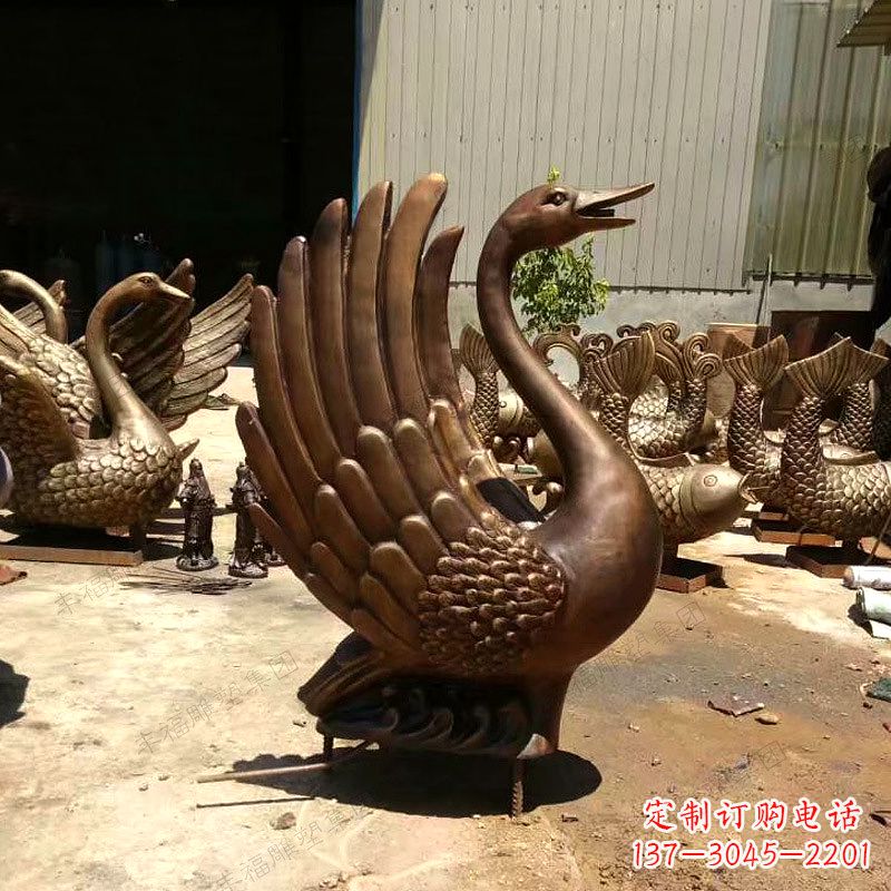 长沙黄铜天鹅雕塑-纯铜铸造喷水天鹅喷泉雕塑