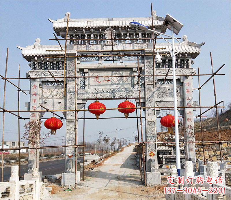 长沙传统工艺精致三门牌坊石雕