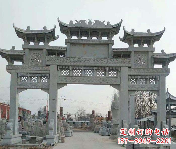 长沙三门牌坊石雕,精美汉风石雕装饰景区