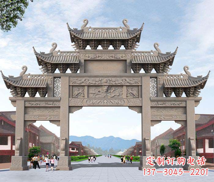 长沙景区三门石雕牌楼——精美雕塑定制