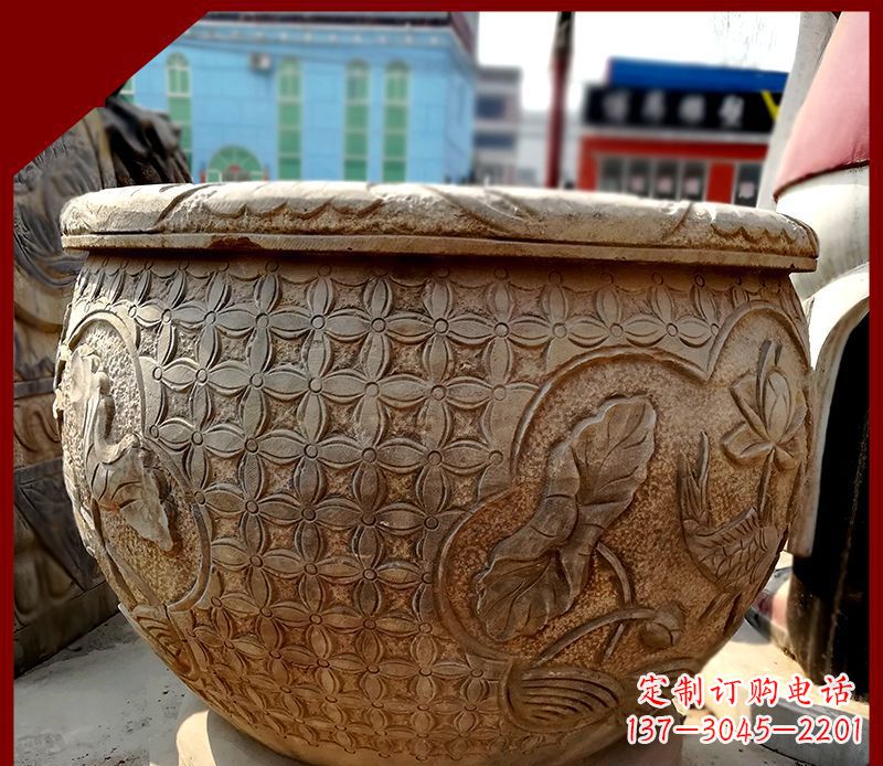 长沙仿古石水缸鲤鱼浮雕