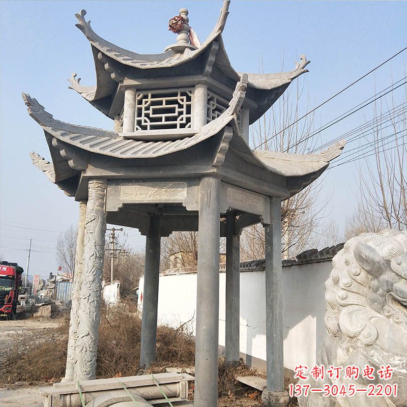 长沙典雅精美的青石六角石凉亭雕塑