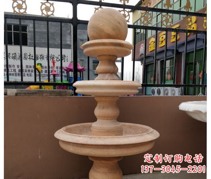长沙三层风水球晚霞红别墅石雕