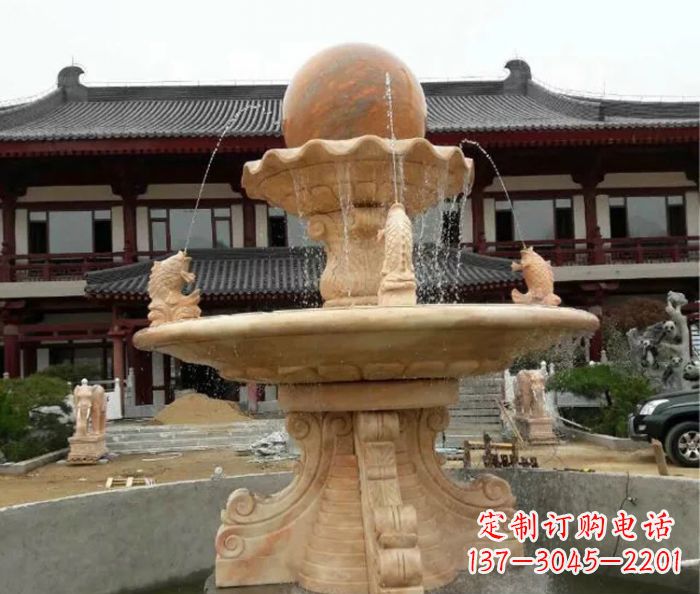 长沙双层风水球喷泉晚霞红石雕