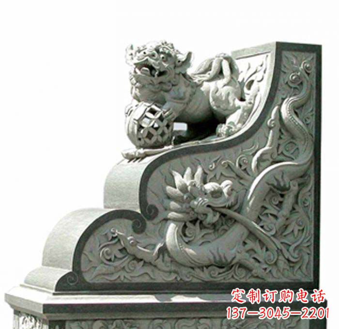 长沙寺庙景观玩绣球狮子石雕门墩