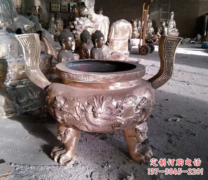 长沙寺庙龙浮雕圆铜雕香炉