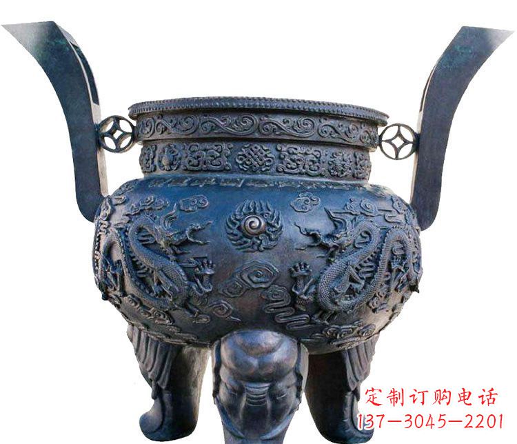 长沙寺庙圆形三足鼎铜雕香炉