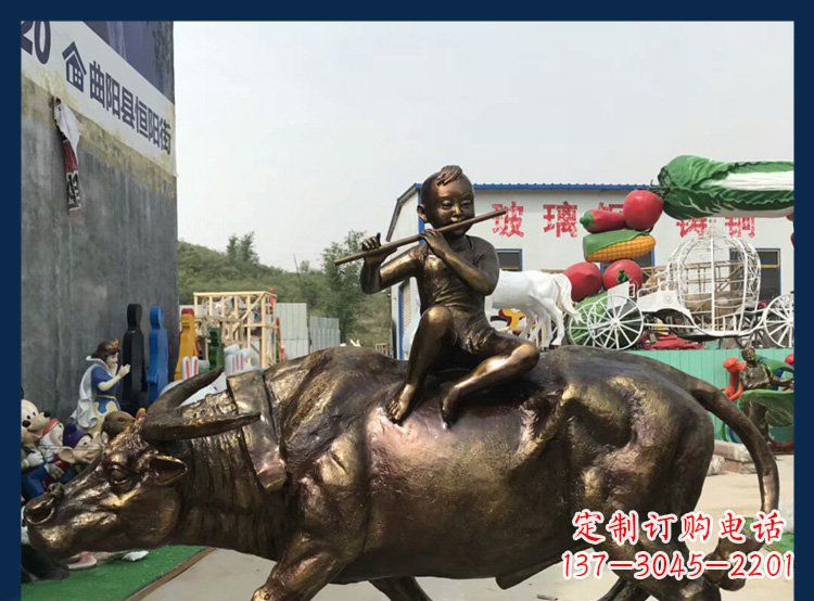 长沙田园铜雕木头骑黄牛动物雕塑