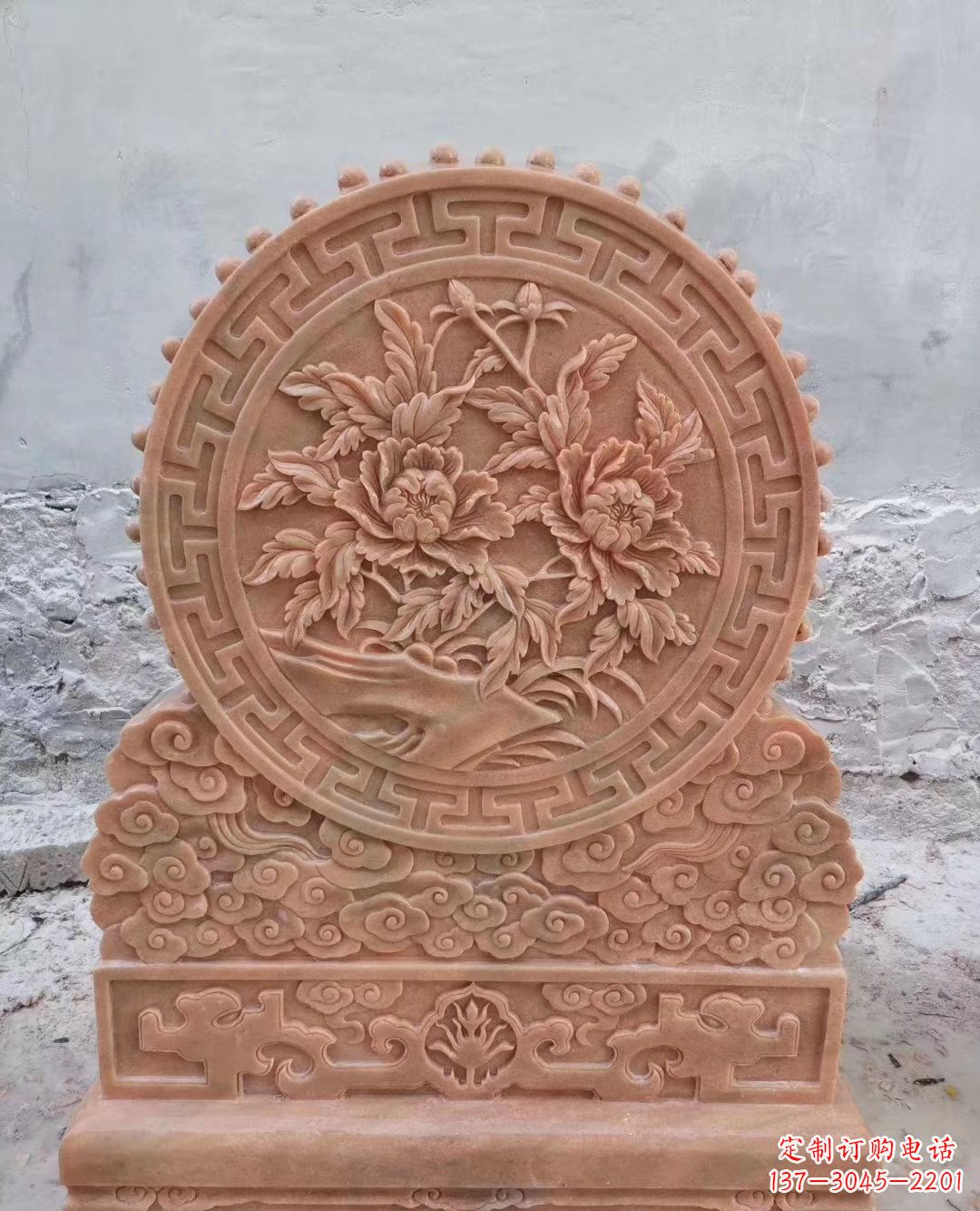 长沙晚霞红牡丹花浮雕石门墩
