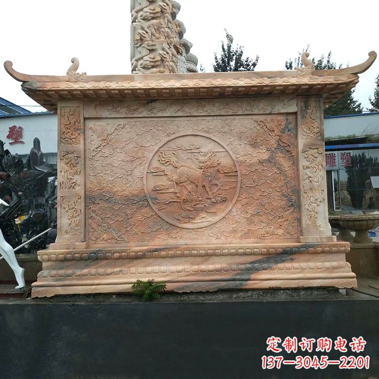 长沙晚霞红麒麟影壁墙石雕