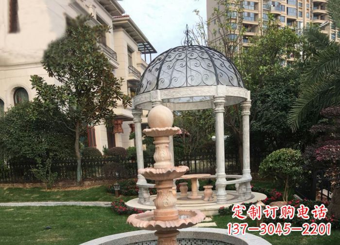 长沙晚霞红三层风水球喷泉小区石雕