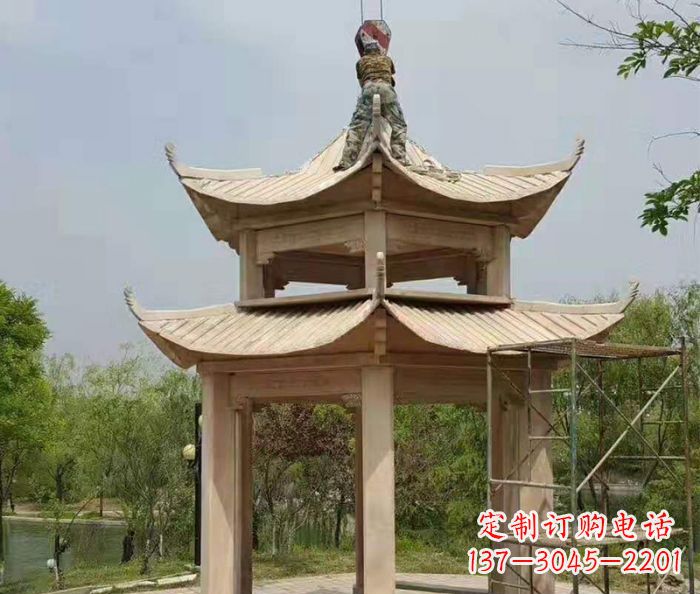 长沙晚霞红双层凉亭石雕 (2)