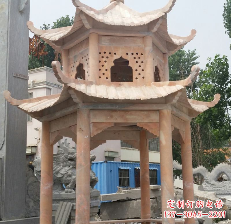 长沙晚霞红双层六角凉亭石雕 (2)