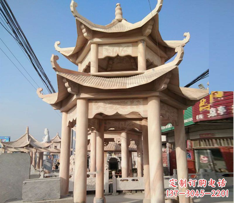 长沙晚霞红双层六角凉亭石雕 (3)