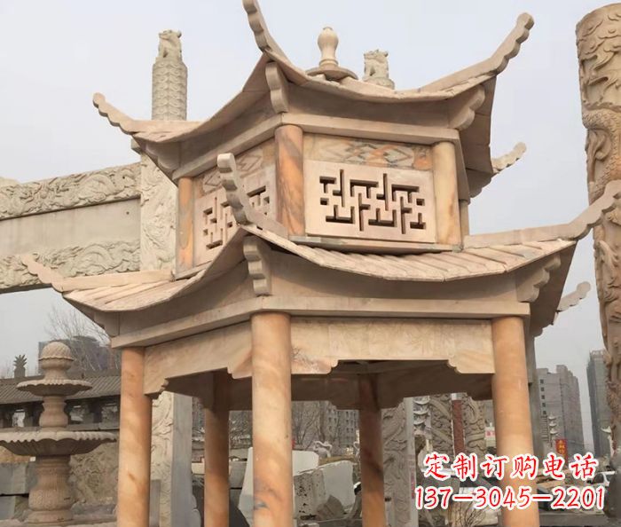 长沙晚霞红双层石雕凉亭