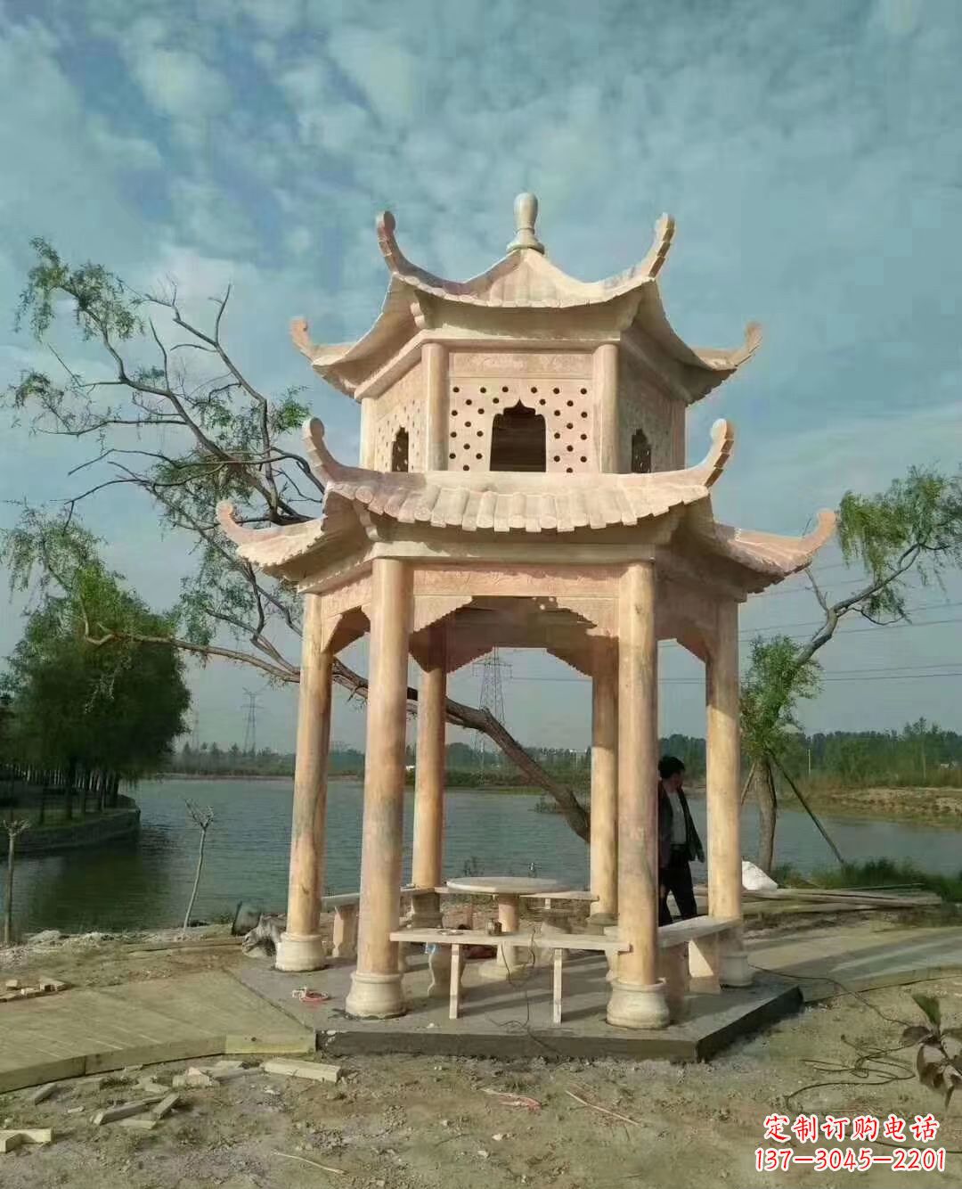 长沙晚霞红双层石凉亭 (2)