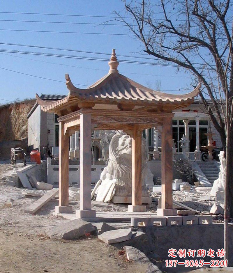 长沙晚霞红四角凉亭景观石雕
