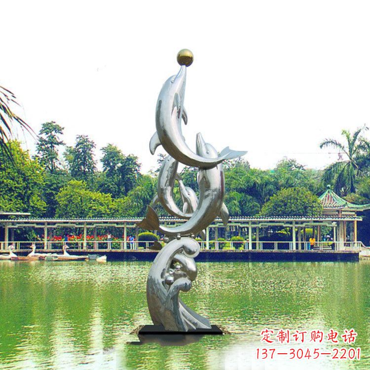 长沙戏球不锈钢海豚雕塑-园林水景动物景观