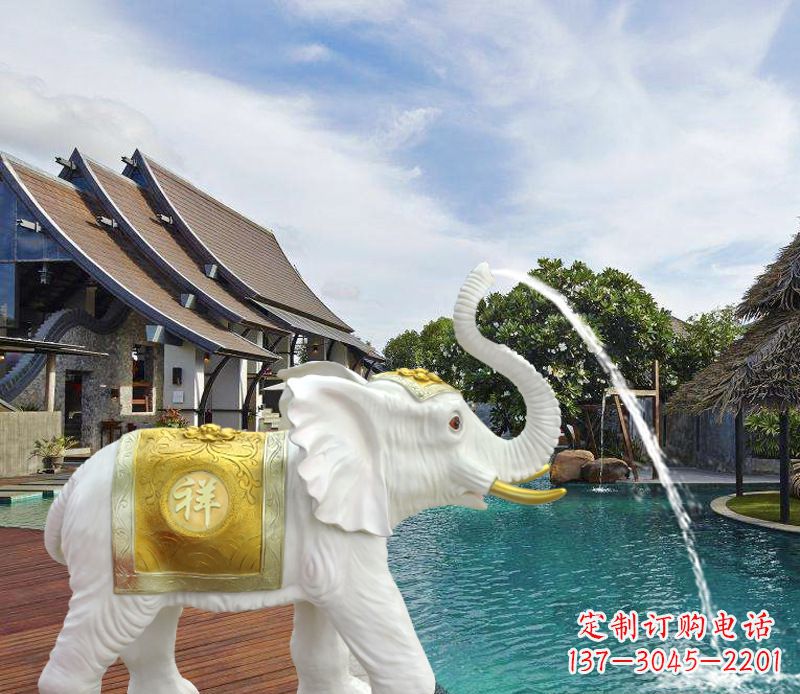 长沙祥瑞汉白玉喷泉喷水大象