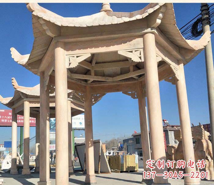 长沙园林景观晚霞红六角石雕凉亭 (2)