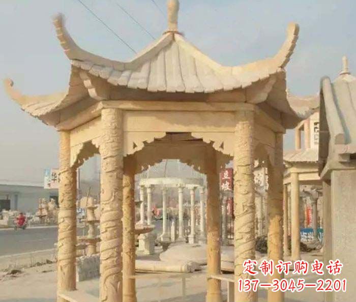 长沙园林景观晚霞红六角石雕凉亭 (3)